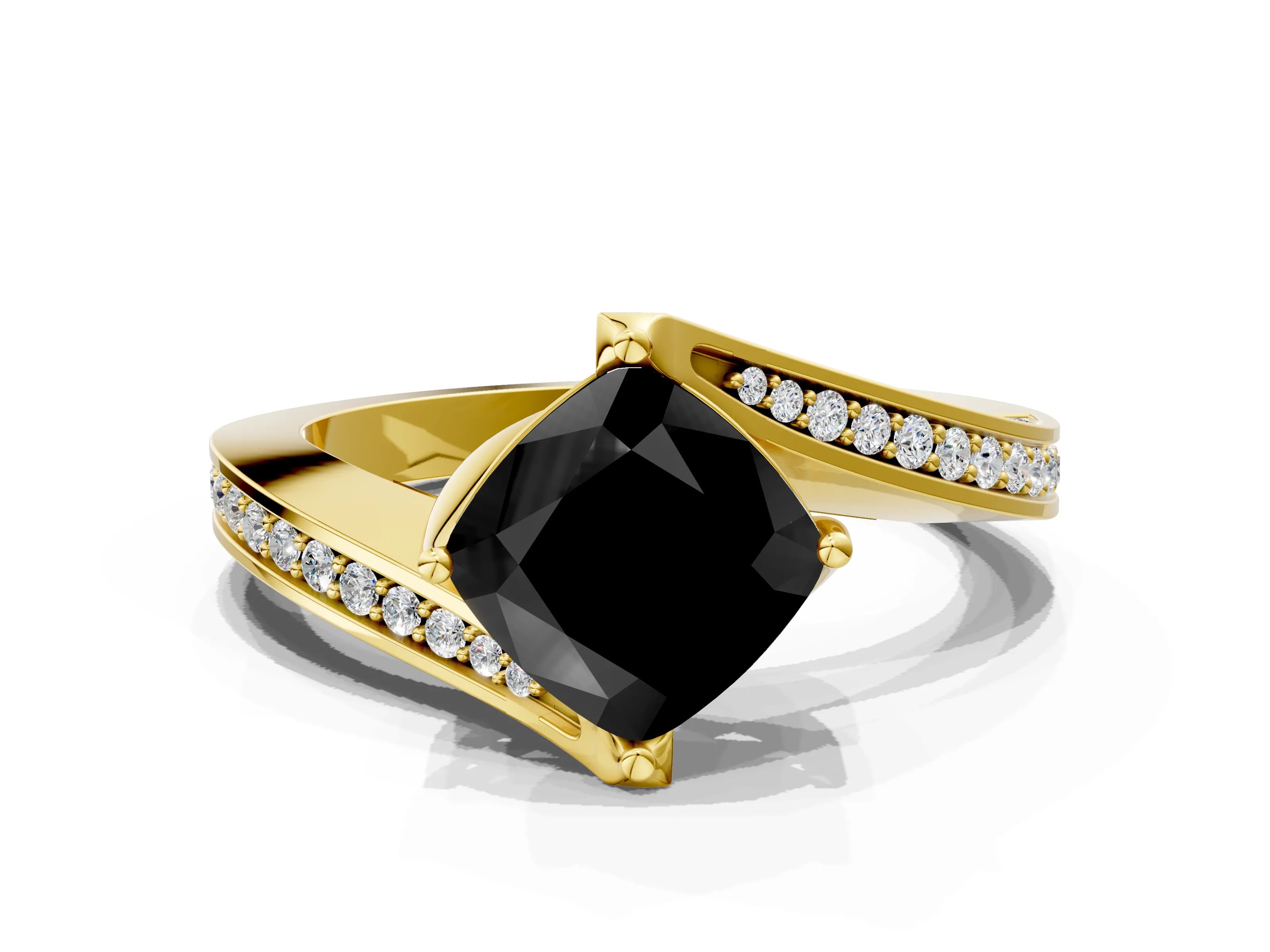 Yellow gold Fancy Black Cushion Cut Solitaire Diamond Twist Band with Pavé Setting and Four-Prong Setting