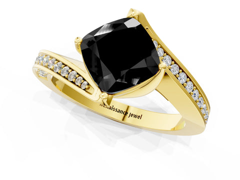 Yellow gold Fancy Black Cushion Cut Solitaire Diamond Twist Band with Pavé Setting and Four-Prong Setting_1