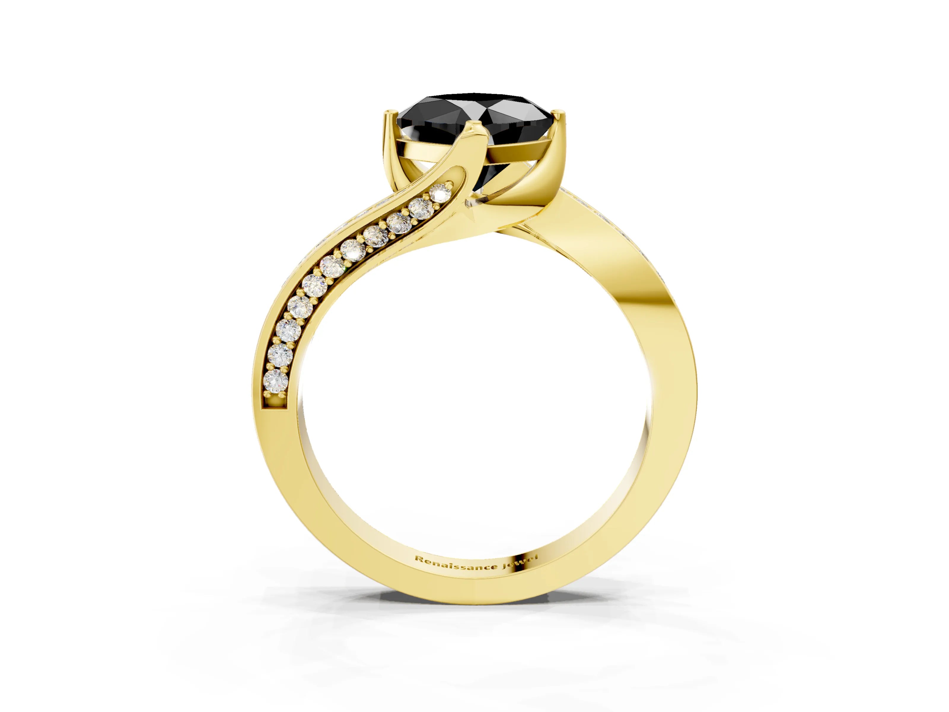Yellow gold Fancy Black Cushion Cut Solitaire Diamond Twist Band with Pavé Setting and Four-Prong Setting_3