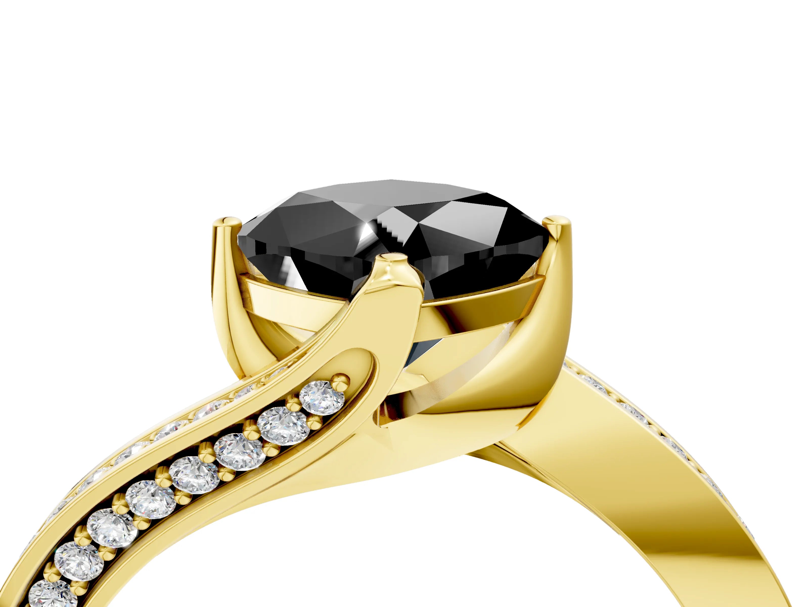 Yellow gold Fancy Black Cushion Cut Solitaire Diamond Twist Band with Pavé Setting and Four-Prong Setting_4