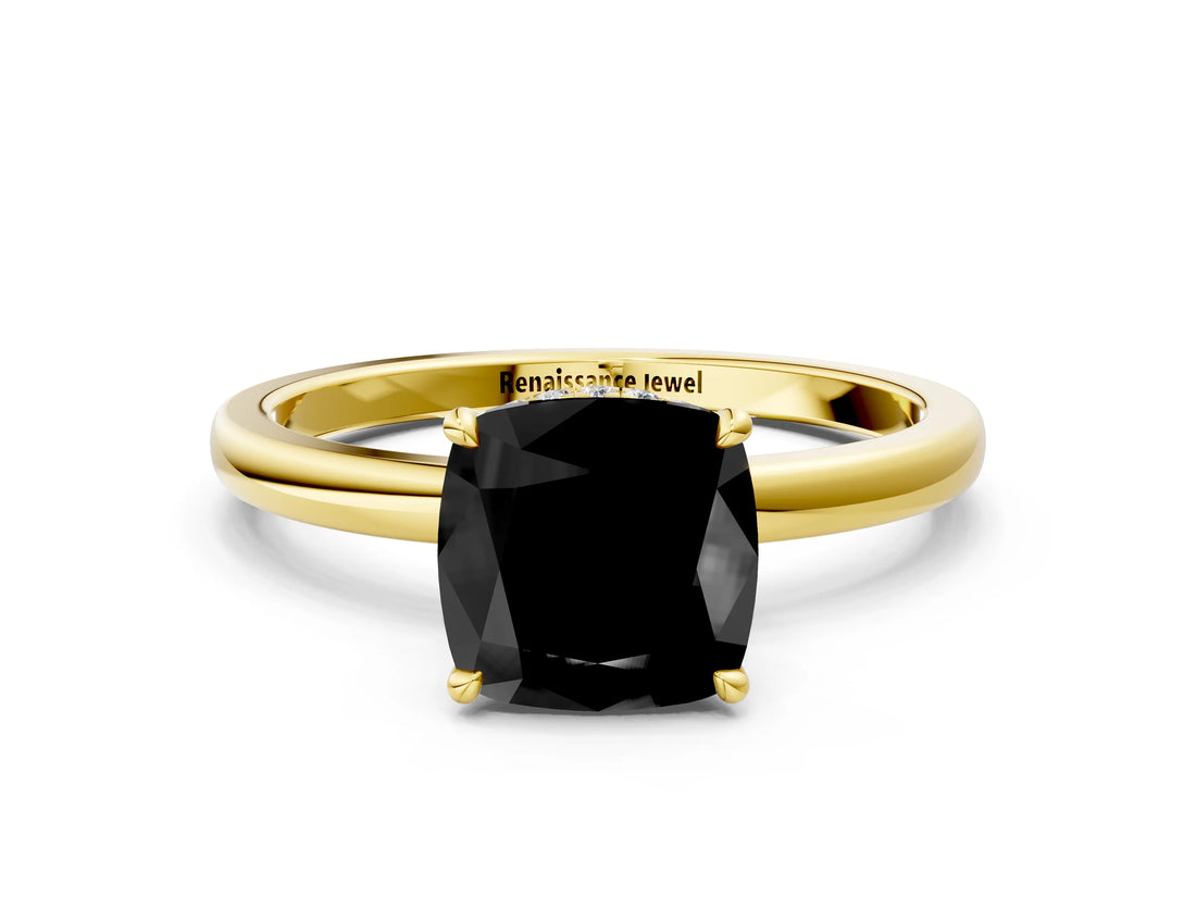 Yellow gold Fancy Black Cushion Cut Solitaire Engagement Ring with Cathedral Band and Four-Prong Setting