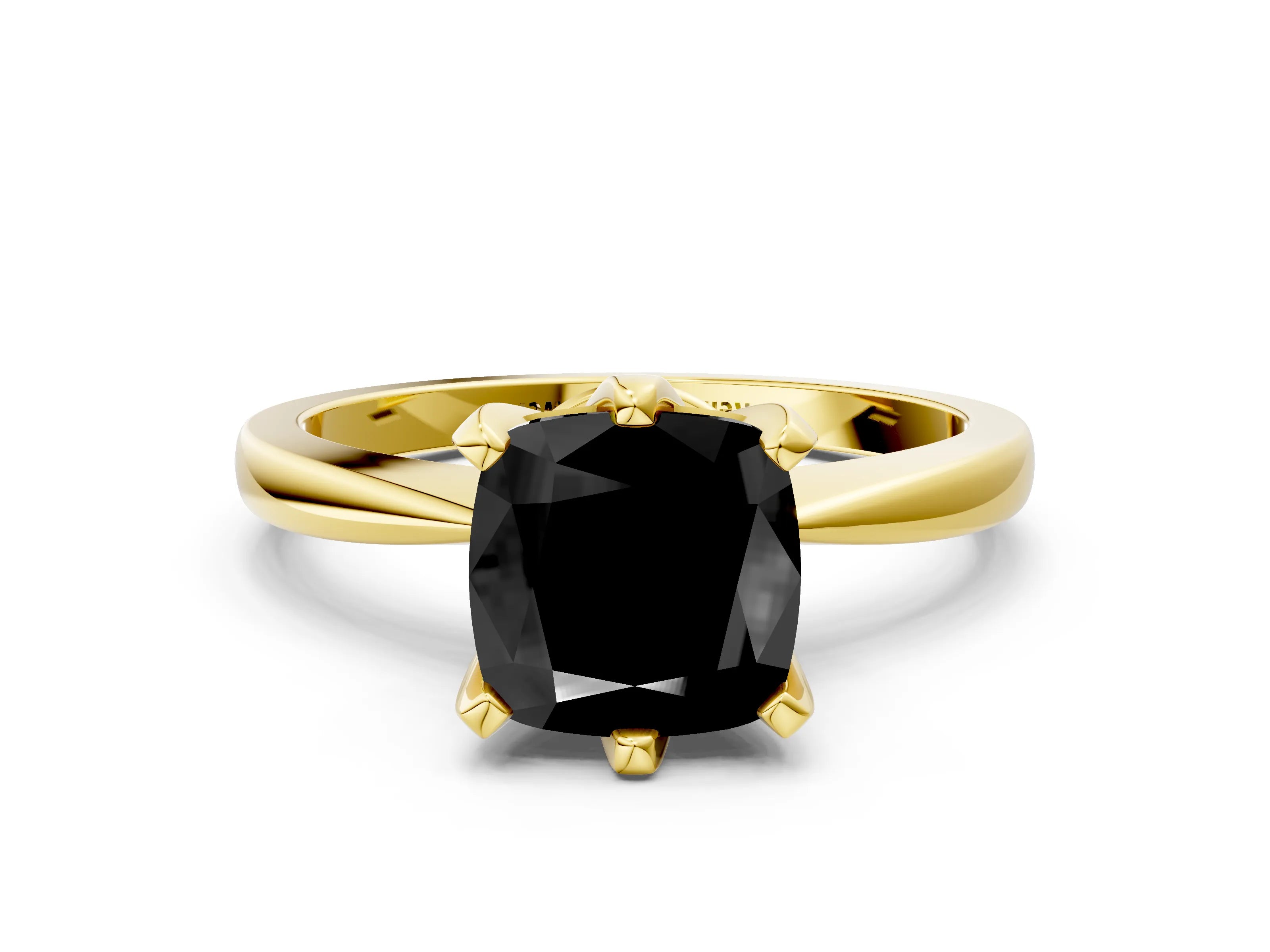 Yellow gold Fancy Black Cushion Cut Solitaire Engagement Ring with Six-Prong Setting and Tapered Band
