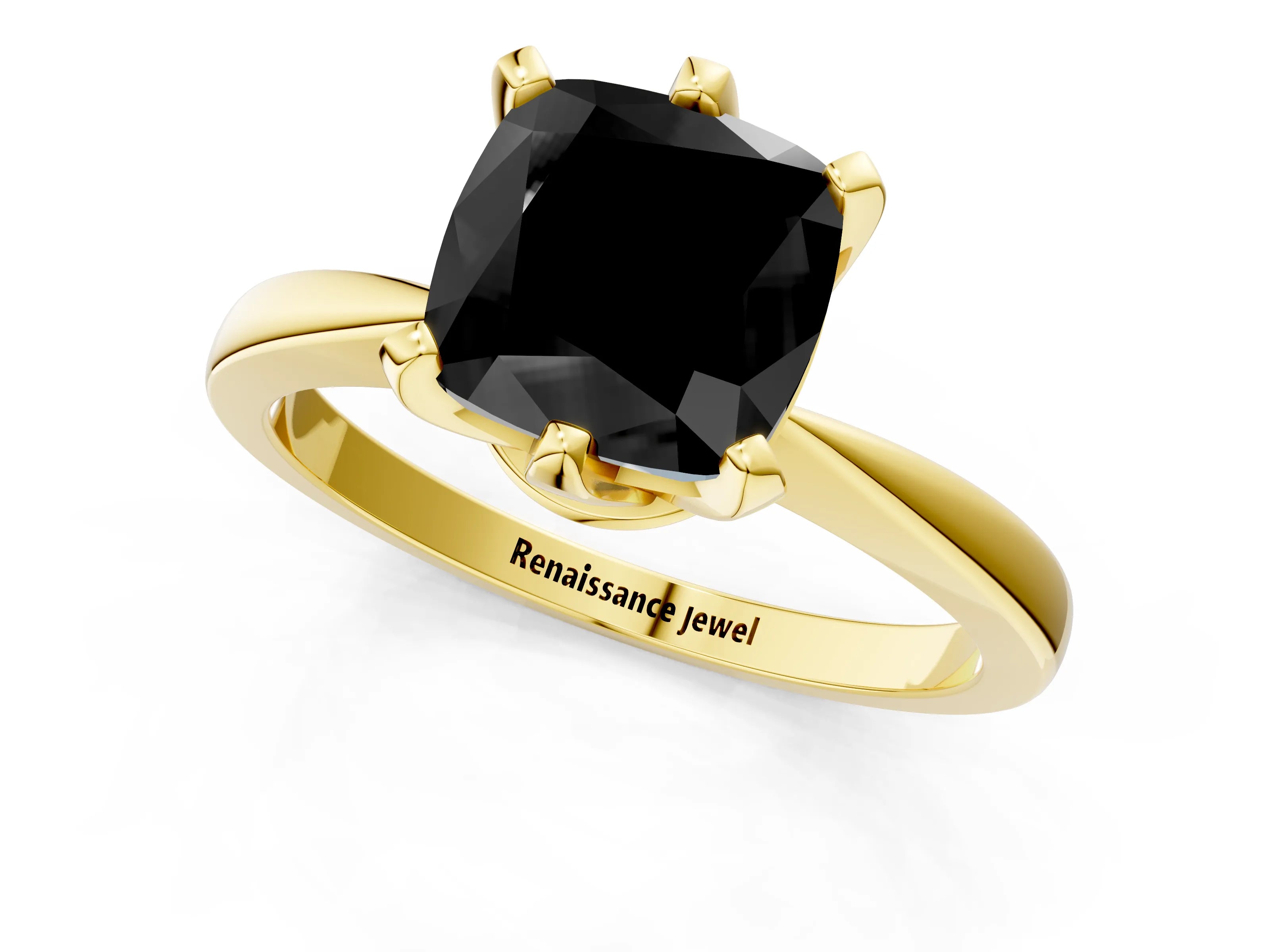Yellow gold Fancy Black Cushion Cut Solitaire Engagement Ring with Six-Prong Setting and Tapered Band_1