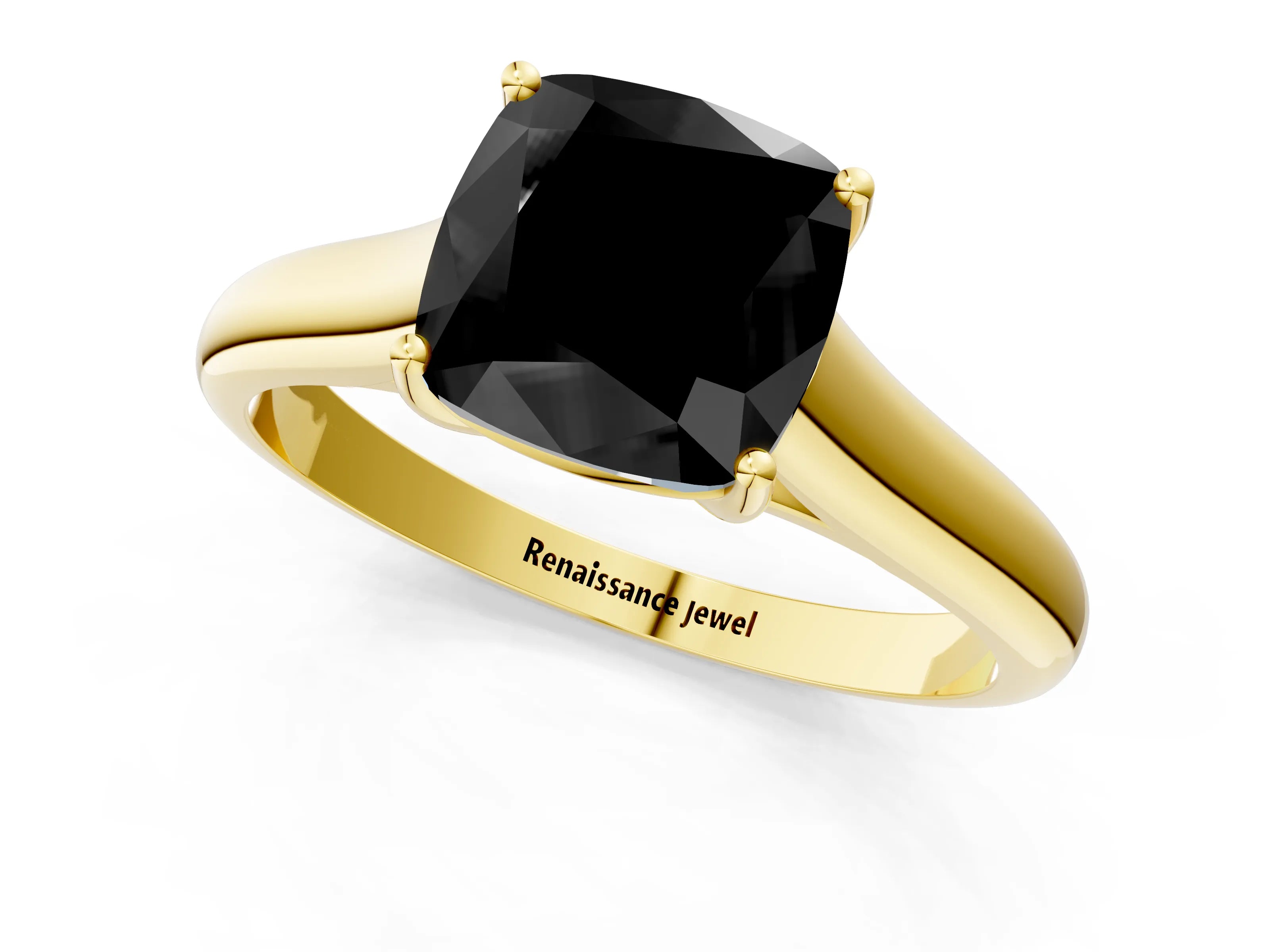 Yellow gold Fancy Black Cushion Cut Solitaire Engagement Ring with Tapered Band and Four-Prong Setting_4
