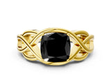 Yellow gold Fancy Black Cushion Cut Solitaire Intertwined Band Prong Setting Ring