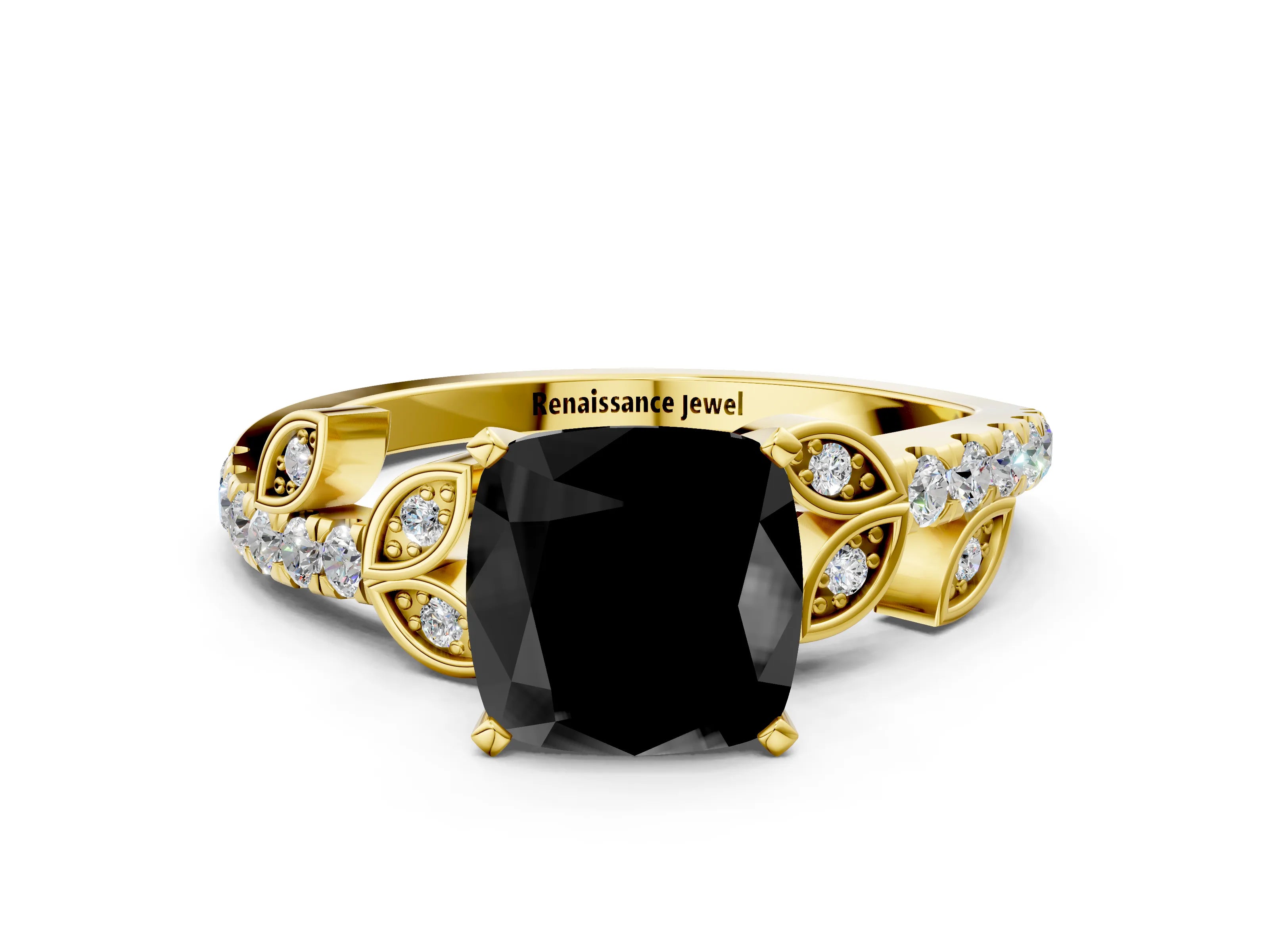 Yellow gold Fancy Black Cushion Cut Solitaire Leaf-Inspired Diamond Ring with Pavé Band and Four-Prong Setting