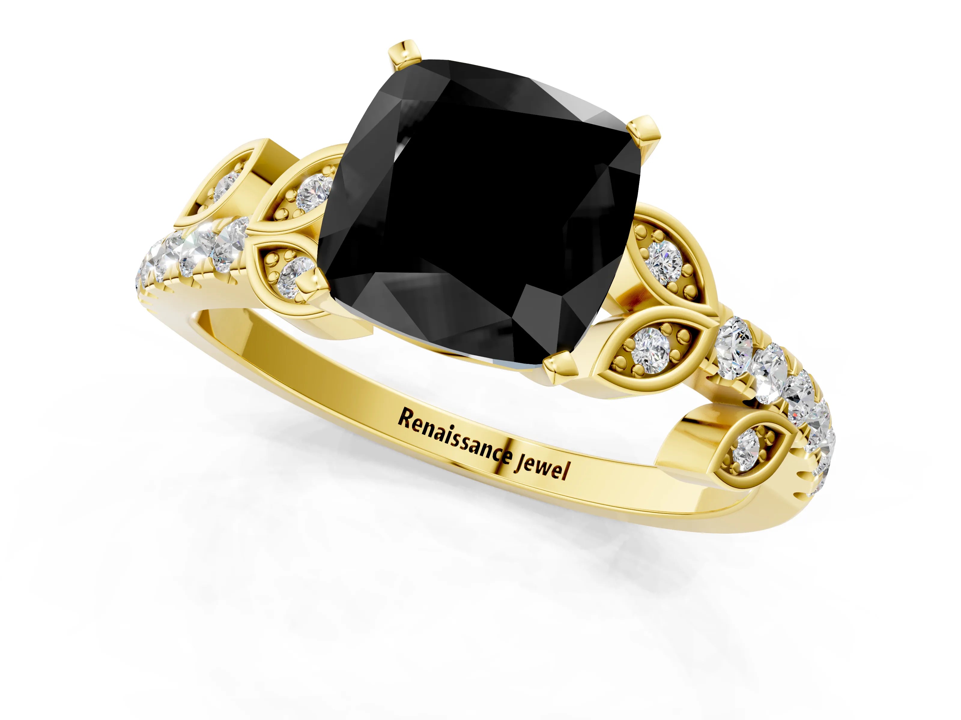 Yellow gold Fancy Black Cushion Cut Solitaire Leaf-Inspired Diamond Ring with Pavé Band and Four-Prong Setting_1