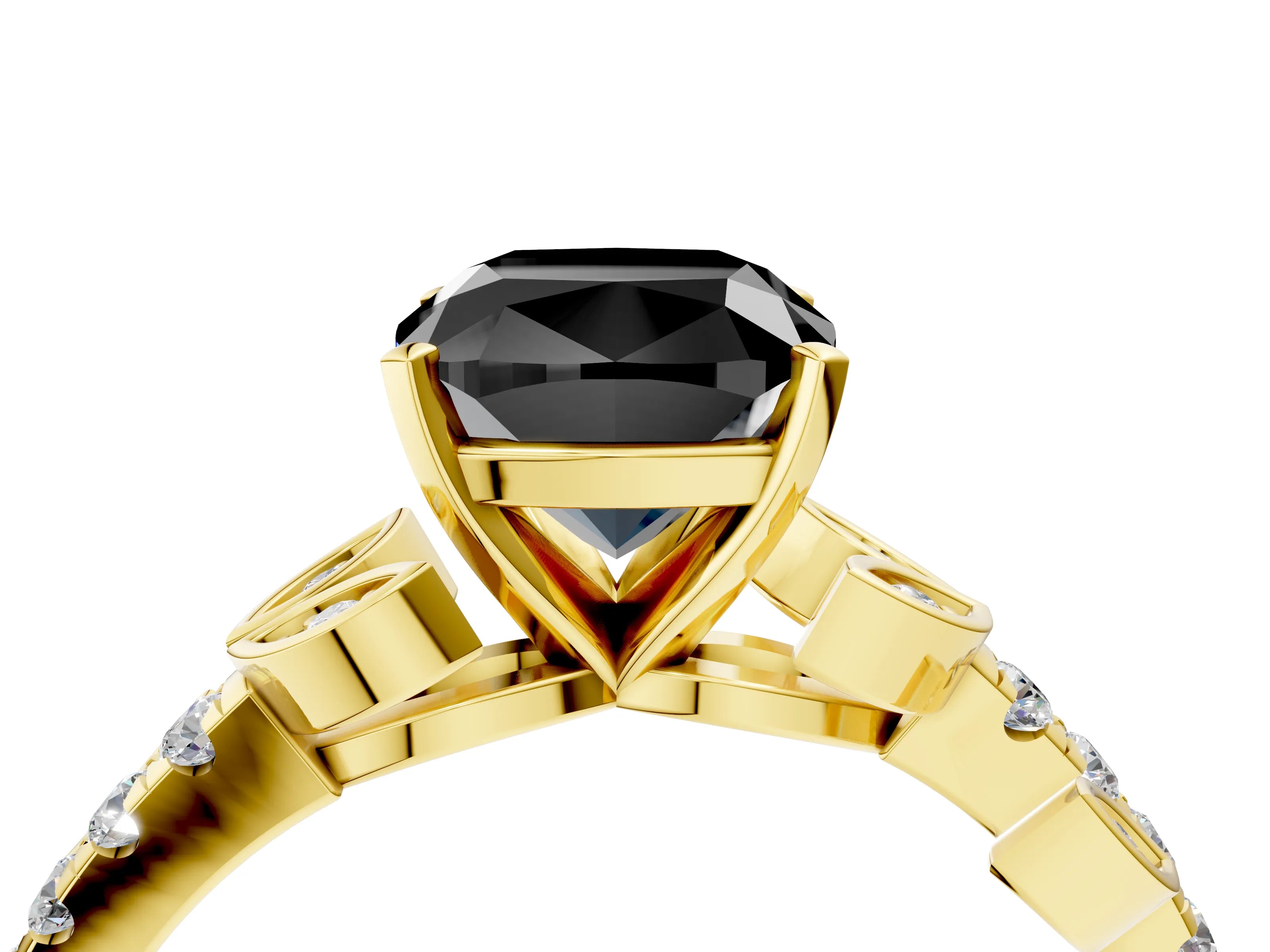 Yellow gold Fancy Black Cushion Cut Solitaire Leaf-Inspired Diamond Ring with Pavé Band and Four-Prong Setting_4