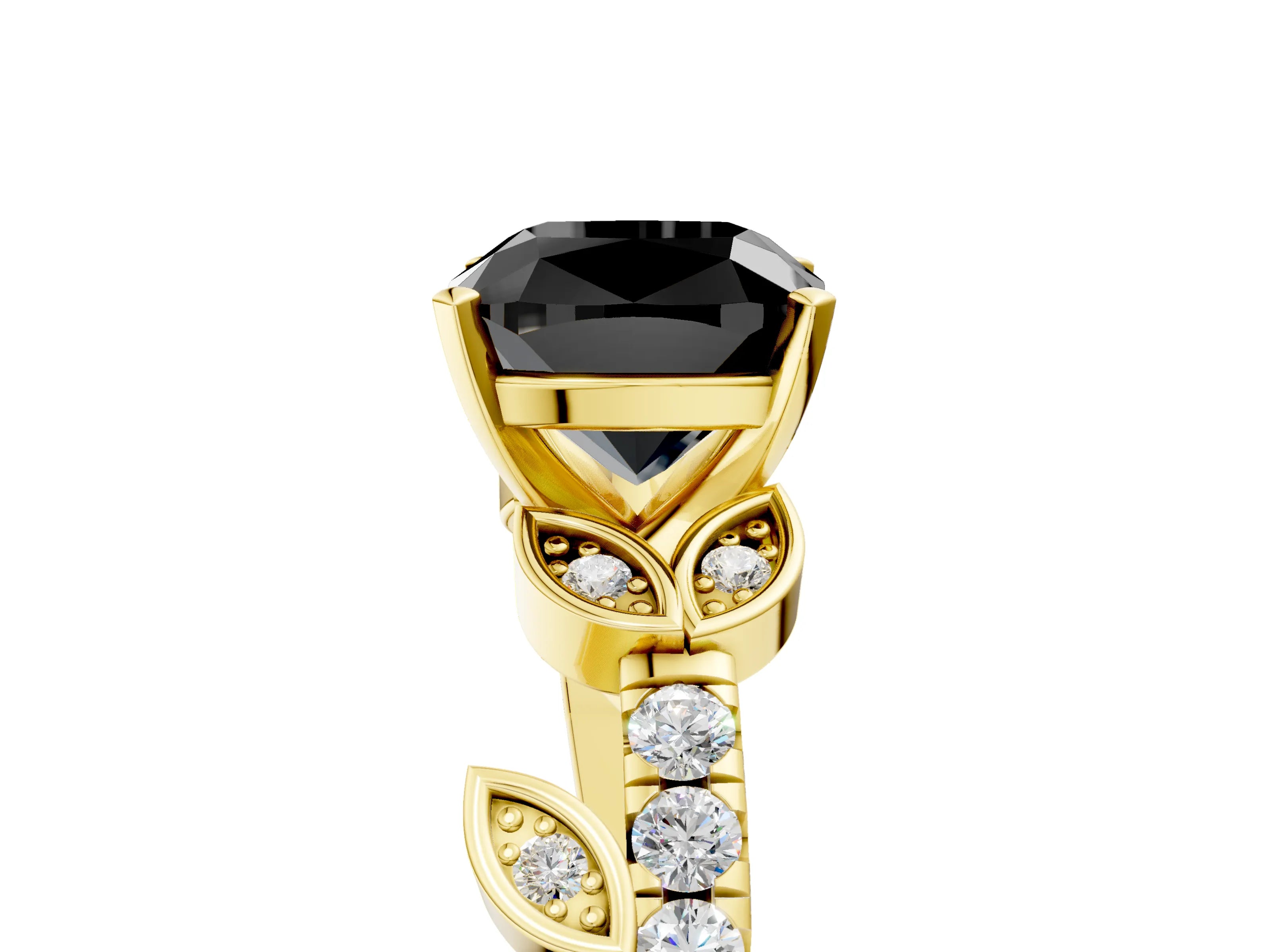 Yellow gold Fancy Black Cushion Cut Solitaire Leaf-Inspired Diamond Ring with Pavé Band and Four-Prong Setting_5
