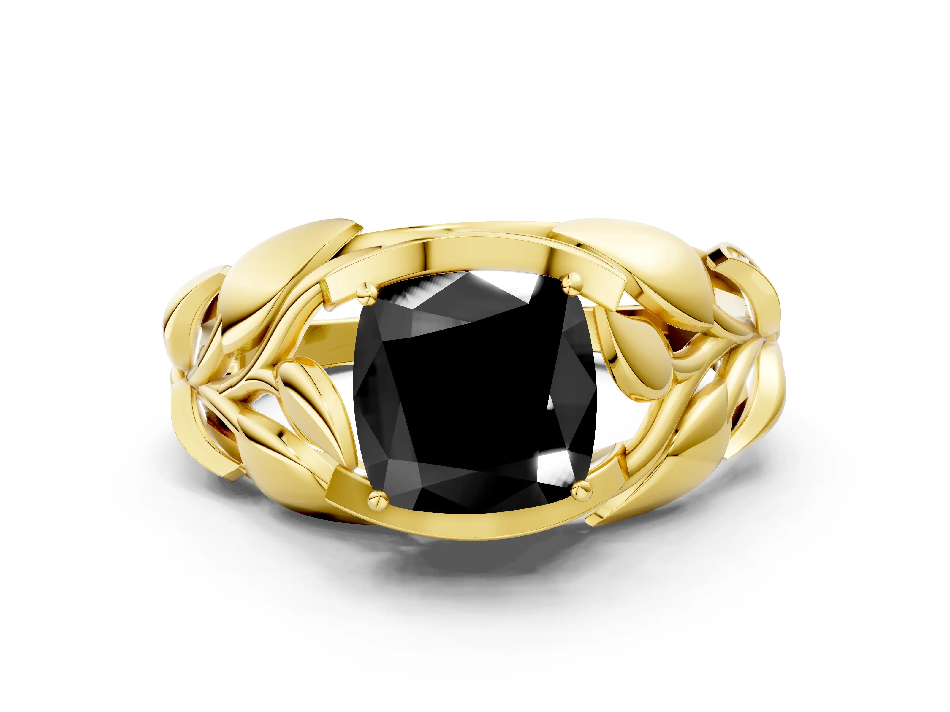 Yellow gold Fancy Black Cushion Cut Solitaire Leaf-Inspired Engagement Ring with Prong Setting