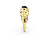Yellow gold Fancy Black Cushion Cut Solitaire Leaf-Inspired Engagement Ring with Prong Setting_14