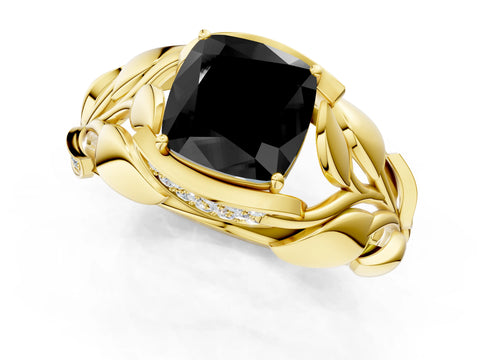 Yellow gold Fancy Black Cushion Cut Solitaire Leaf-Inspired Engagement Ring with Prong Setting_1