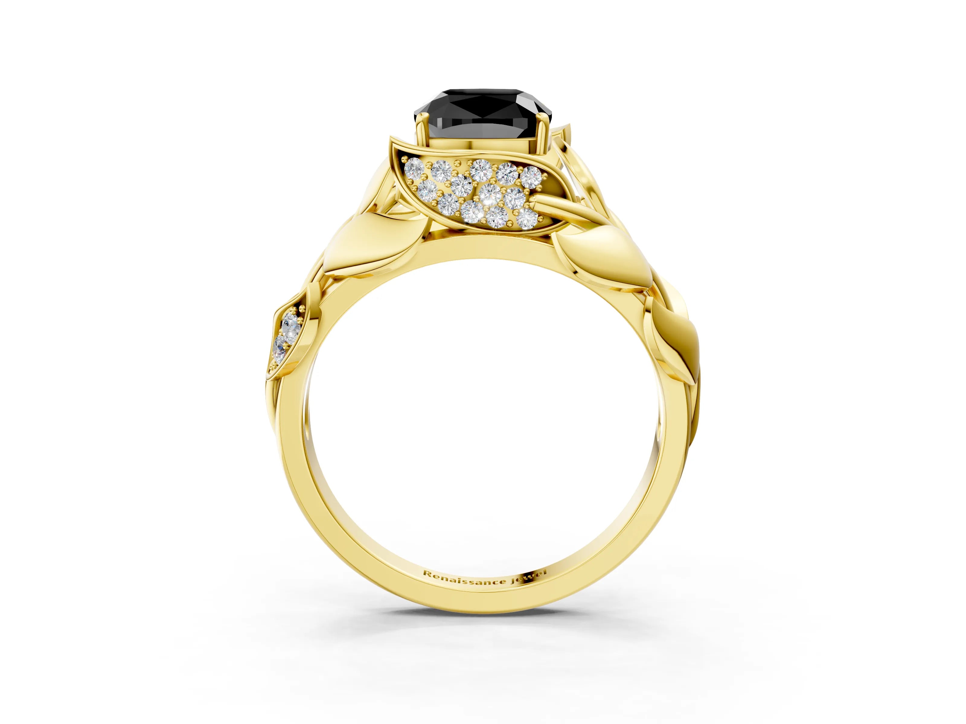 Yellow gold Fancy Black Cushion Cut Solitaire Leaf-Inspired Engagement Ring with Prong Setting_3
