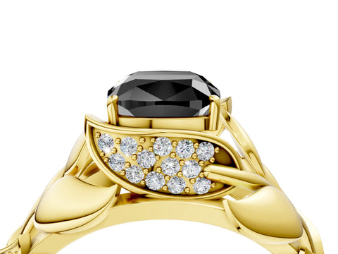 Yellow gold Fancy Black Cushion Cut Solitaire Leaf-Inspired Engagement Ring with Prong Setting_4