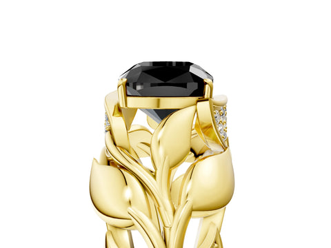 Yellow gold Fancy Black Cushion Cut Solitaire Leaf-Inspired Engagement Ring with Prong Setting_5