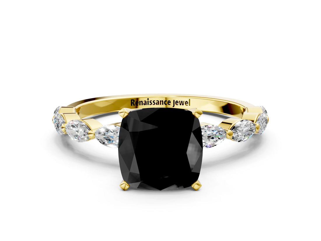 Yellow gold Fancy Black Cushion Cut Solitaire Marquise Side Stone Prong Setting Ring