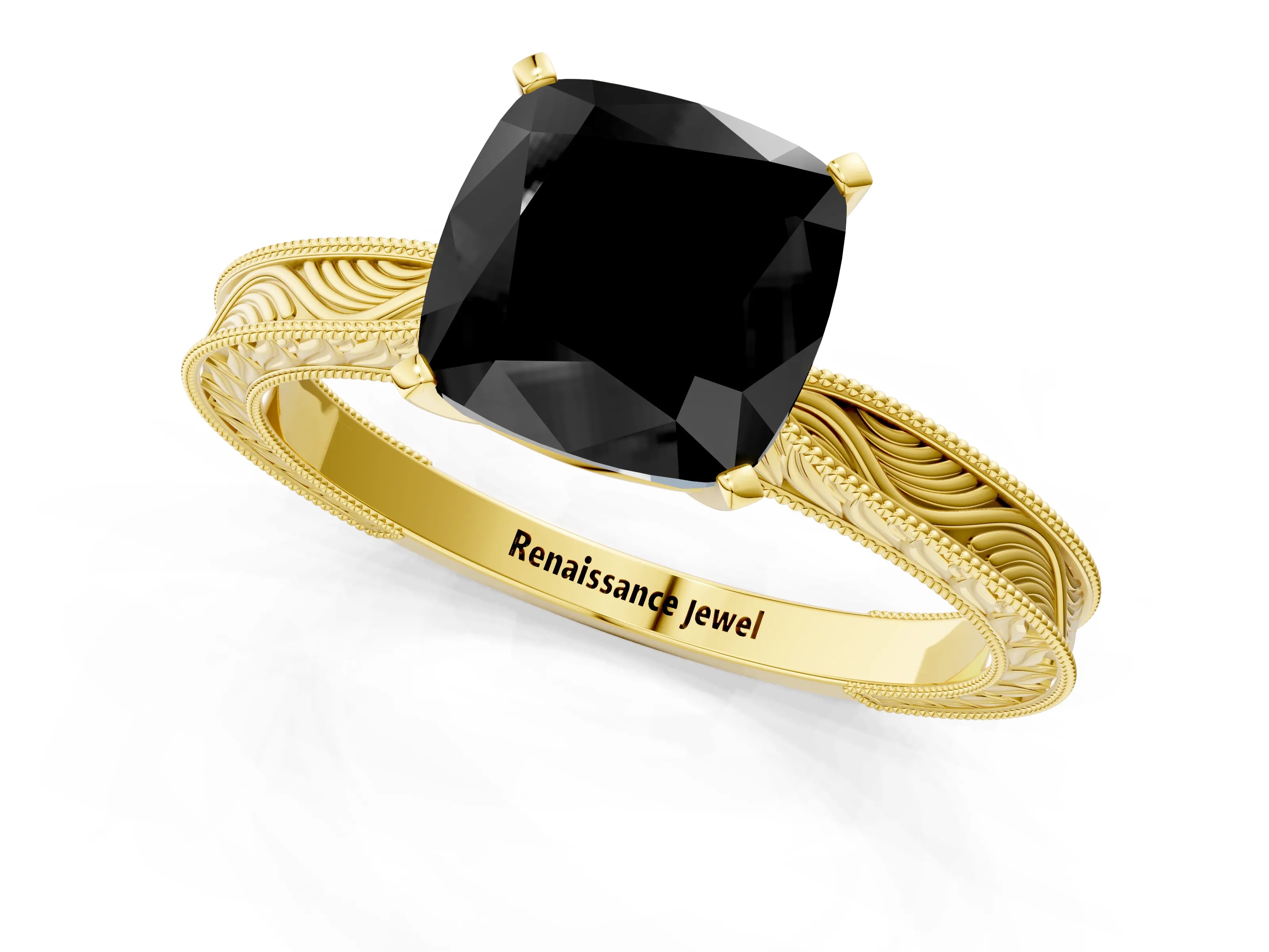 Yellow gold Fancy Black Cushion Cut Solitaire Milgrain Engraved Band with Four-Prong Setting_1
