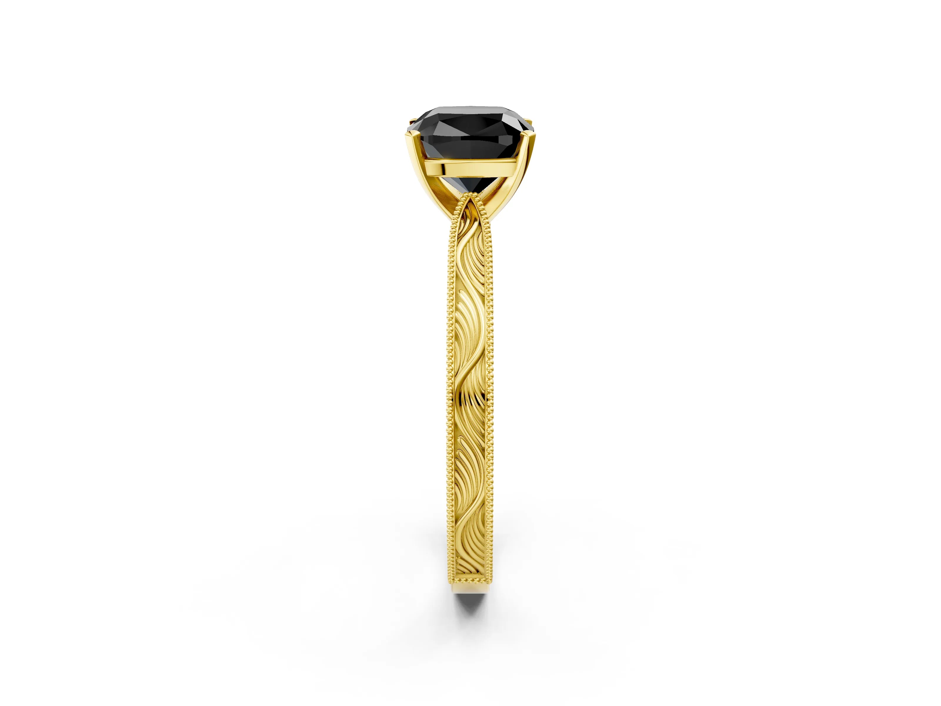Yellow gold Fancy Black Cushion Cut Solitaire Milgrain Engraved Band with Four-Prong Setting_2