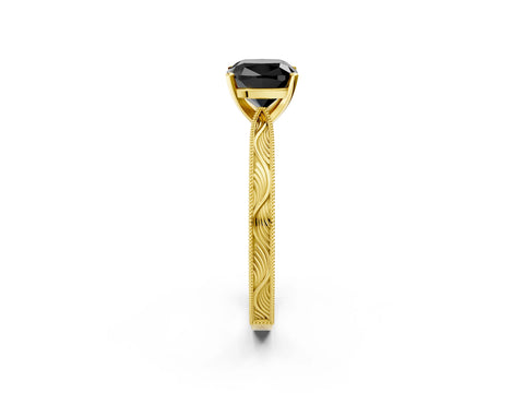 Yellow gold Fancy Black Cushion Cut Solitaire Milgrain Engraved Band with Four-Prong Setting_2