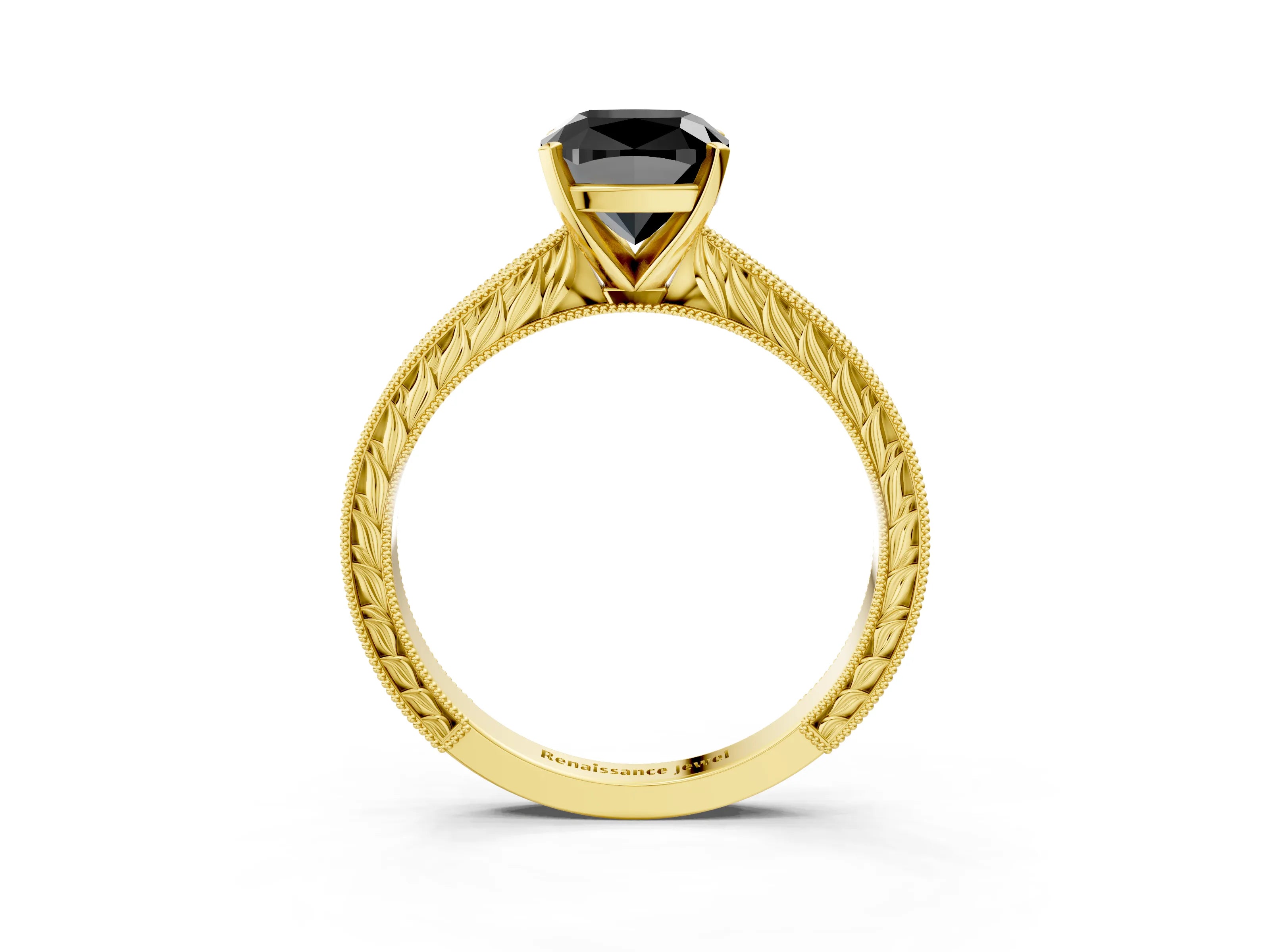Yellow gold Fancy Black Cushion Cut Solitaire Milgrain Engraved Band with Four-Prong Setting_3