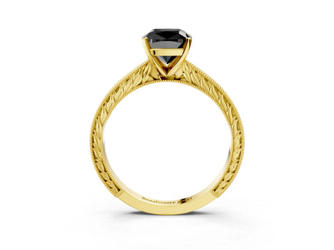 Yellow gold Fancy Black Cushion Cut Solitaire Milgrain Engraved Band with Four-Prong Setting_3