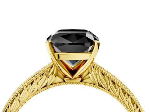 Yellow gold Fancy Black Cushion Cut Solitaire Milgrain Engraved Band with Four-Prong Setting_4