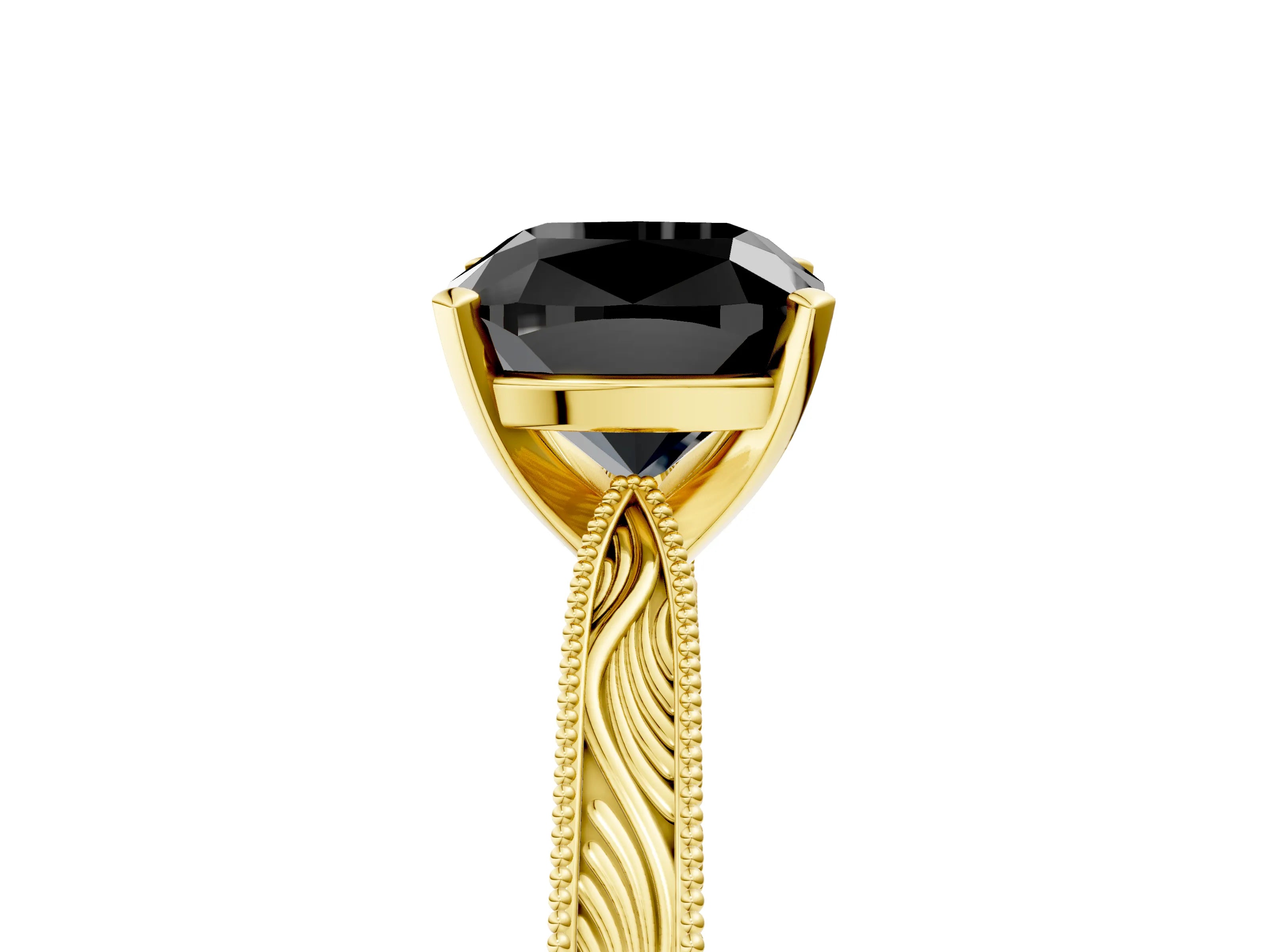 Yellow gold Fancy Black Cushion Cut Solitaire Milgrain Engraved Band with Four-Prong Setting_5