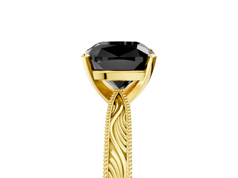 Yellow gold Fancy Black Cushion Cut Solitaire Milgrain Engraved Band with Four-Prong Setting_5