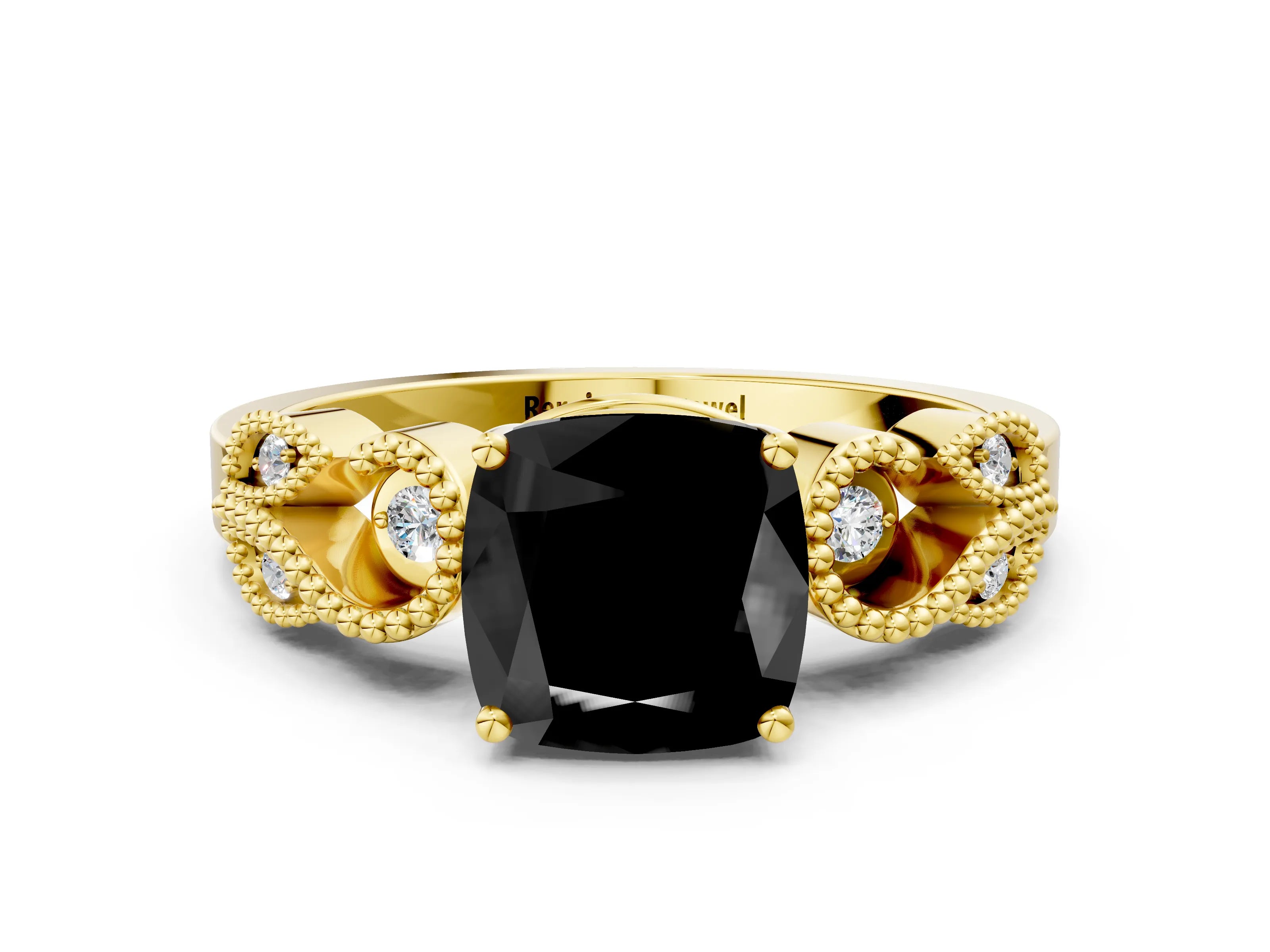 Yellow gold Fancy Black Cushion Cut Solitaire Milgrain Leaf Band with Prong Setting