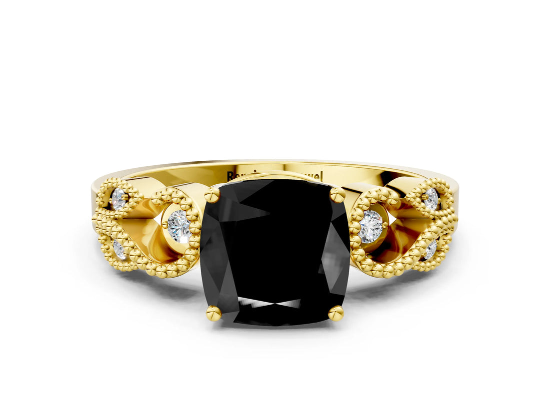 Yellow gold Fancy Black Cushion Cut Solitaire Milgrain Leaf Band with Prong Setting