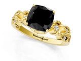 Yellow gold Fancy Black Cushion Cut Solitaire Milgrain Leaf Band with Prong Setting_1