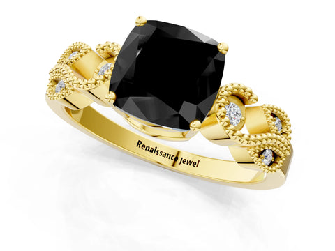 Yellow gold Fancy Black Cushion Cut Solitaire Milgrain Leaf Band with Prong Setting_1