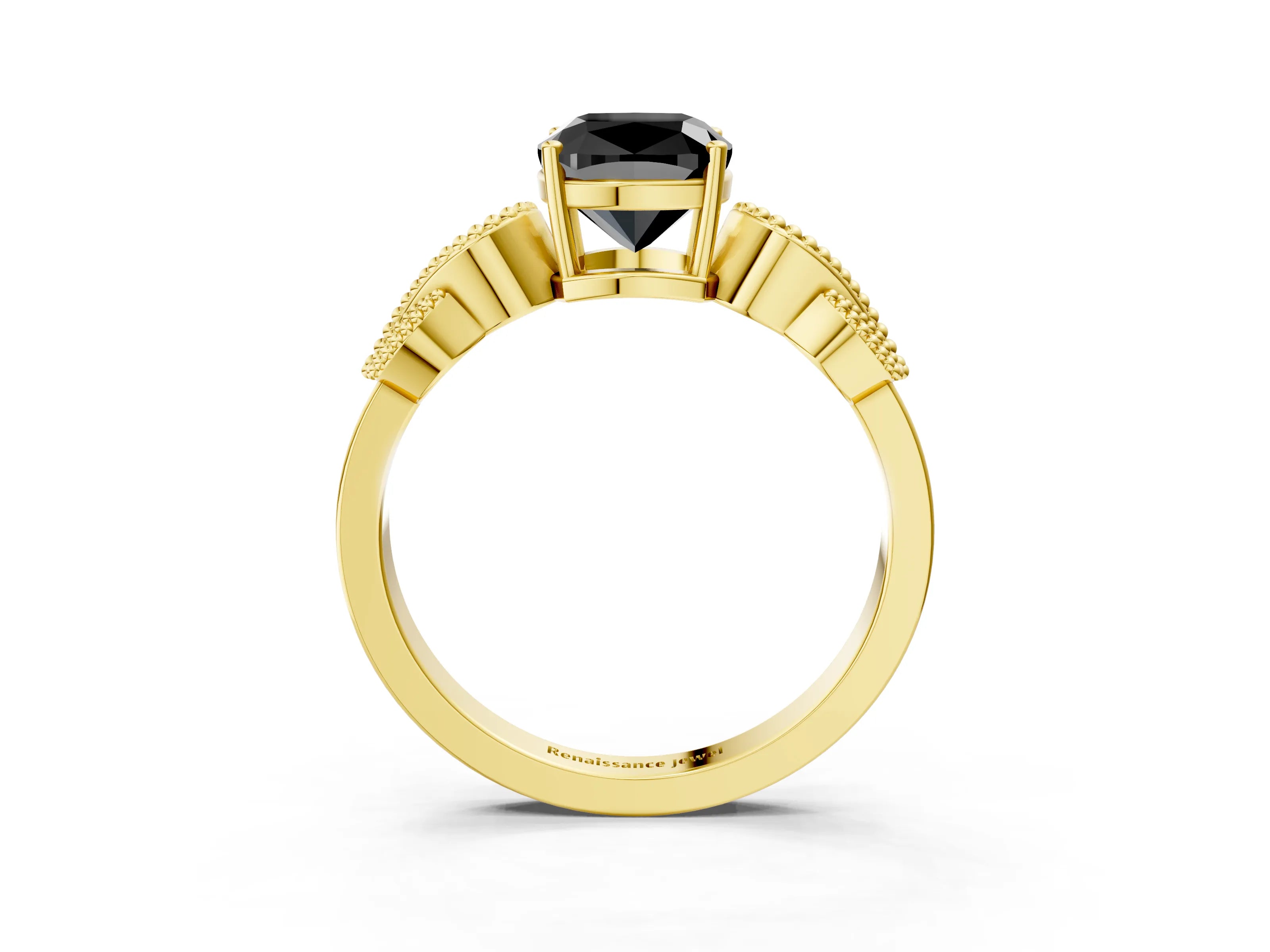 Yellow gold Fancy Black Cushion Cut Solitaire Milgrain Leaf Band with Prong Setting_3
