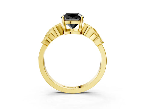 Yellow gold Fancy Black Cushion Cut Solitaire Milgrain Leaf Band with Prong Setting_3