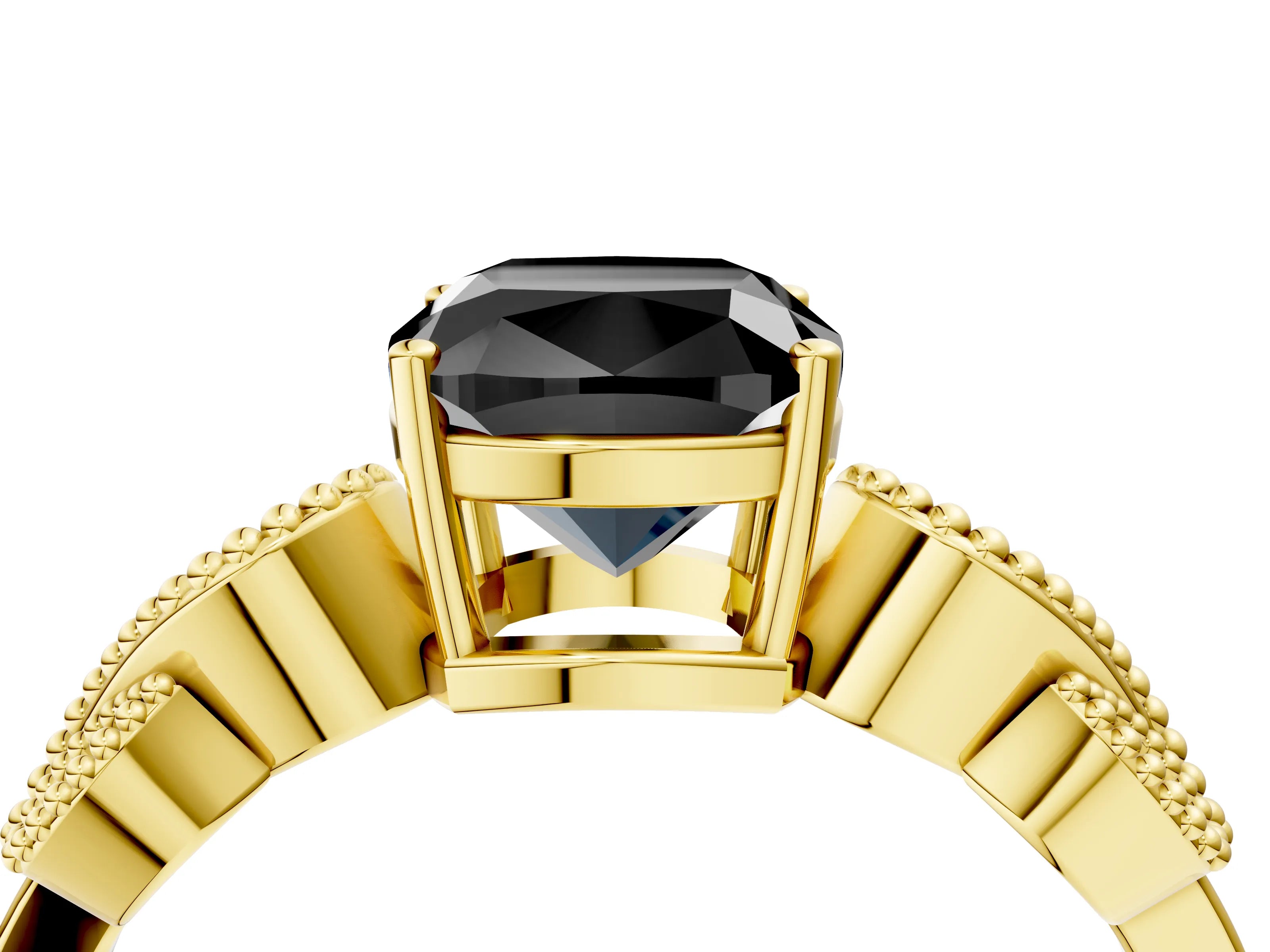 Yellow gold Fancy Black Cushion Cut Solitaire Milgrain Leaf Band with Prong Setting_4