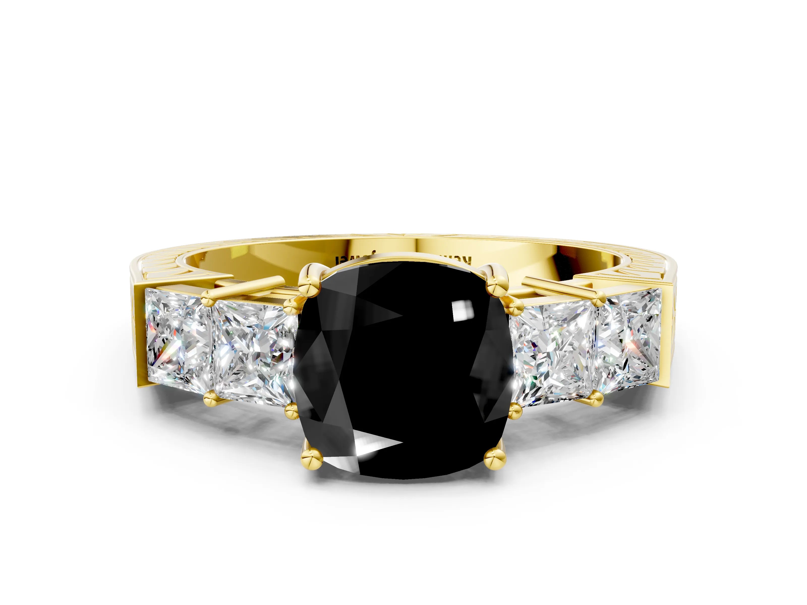 Yellow gold Fancy Black Cushion Cut Solitaire Princess Side Stone Engraved Band Prong Setting Ring
