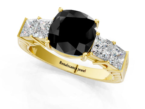 Yellow gold Fancy Black Cushion Cut Solitaire Princess Side Stone Engraved Band Prong Setting Ring_1