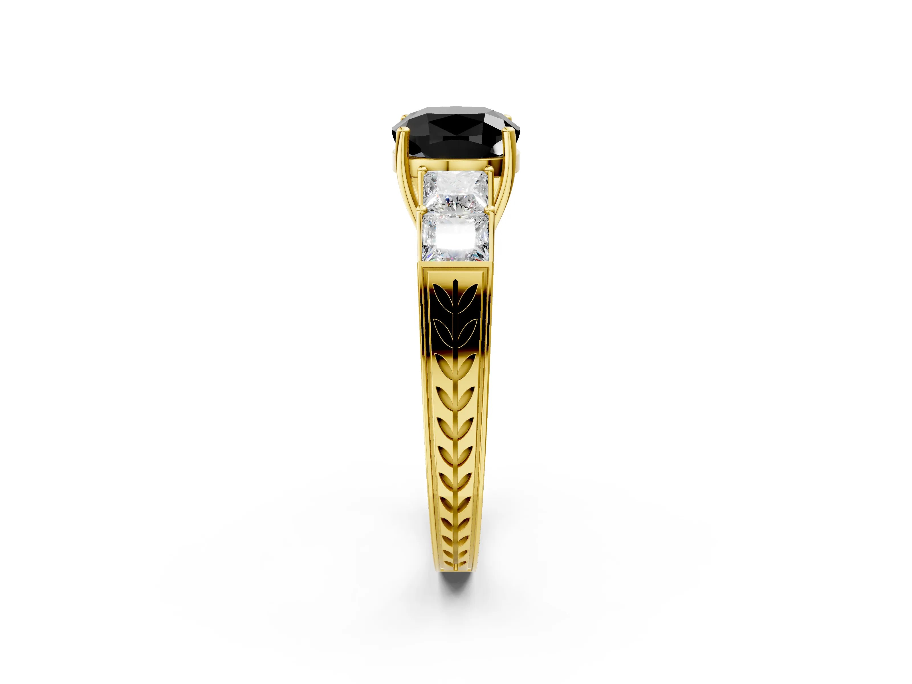 Yellow gold Fancy Black Cushion Cut Solitaire Princess Side Stone Engraved Band Prong Setting Ring_2