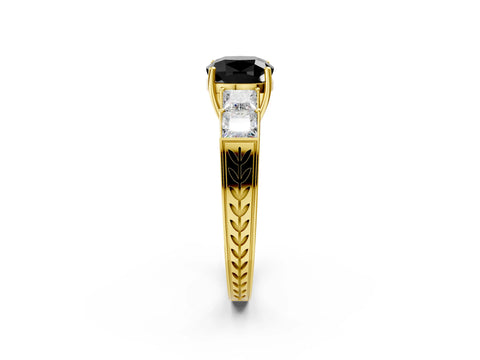 Yellow gold Fancy Black Cushion Cut Solitaire Princess Side Stone Engraved Band Prong Setting Ring_2