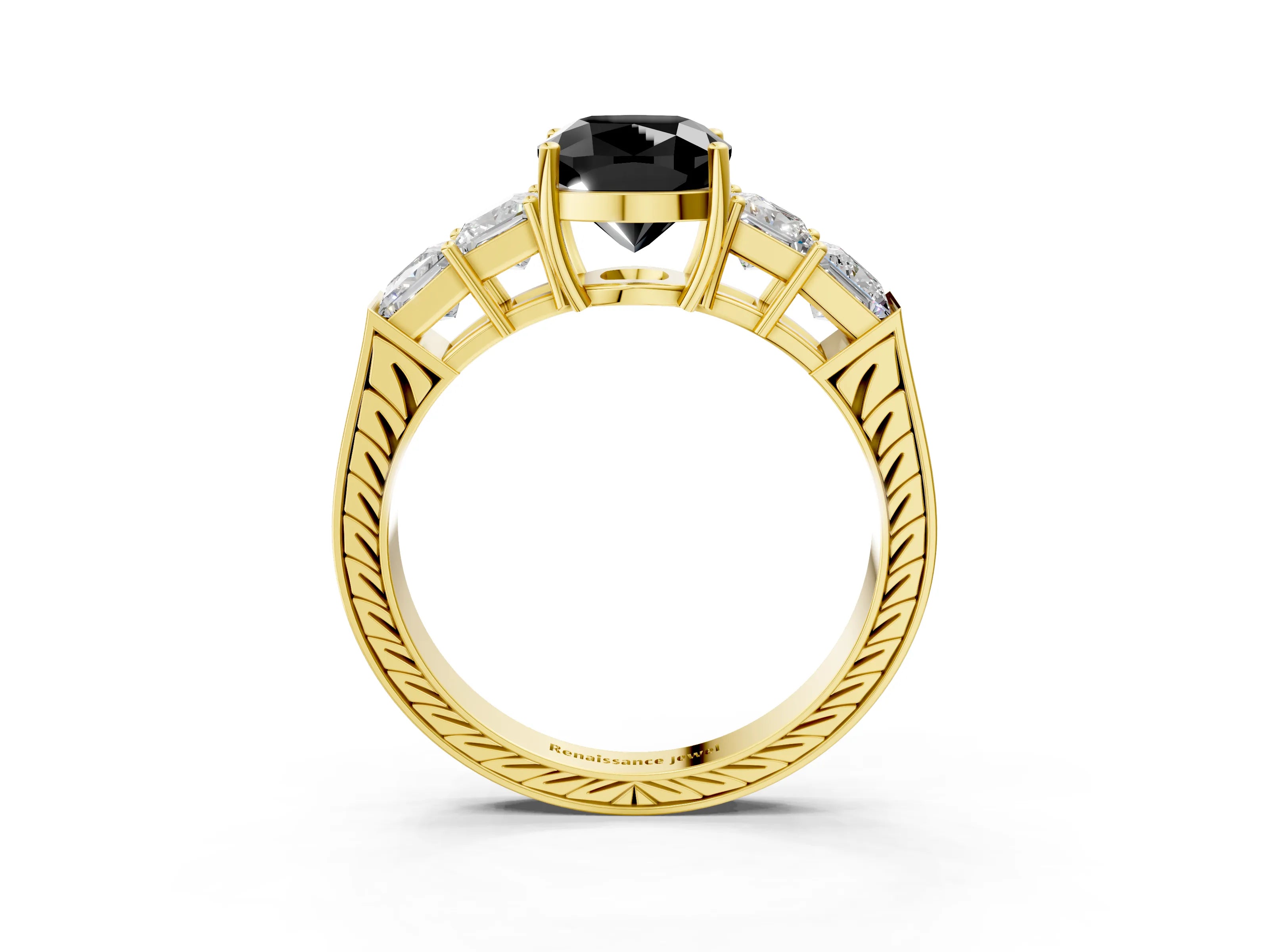 Yellow gold Fancy Black Cushion Cut Solitaire Princess Side Stone Engraved Band Prong Setting Ring_3