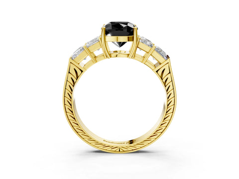 Yellow gold Fancy Black Cushion Cut Solitaire Princess Side Stone Engraved Band Prong Setting Ring_3