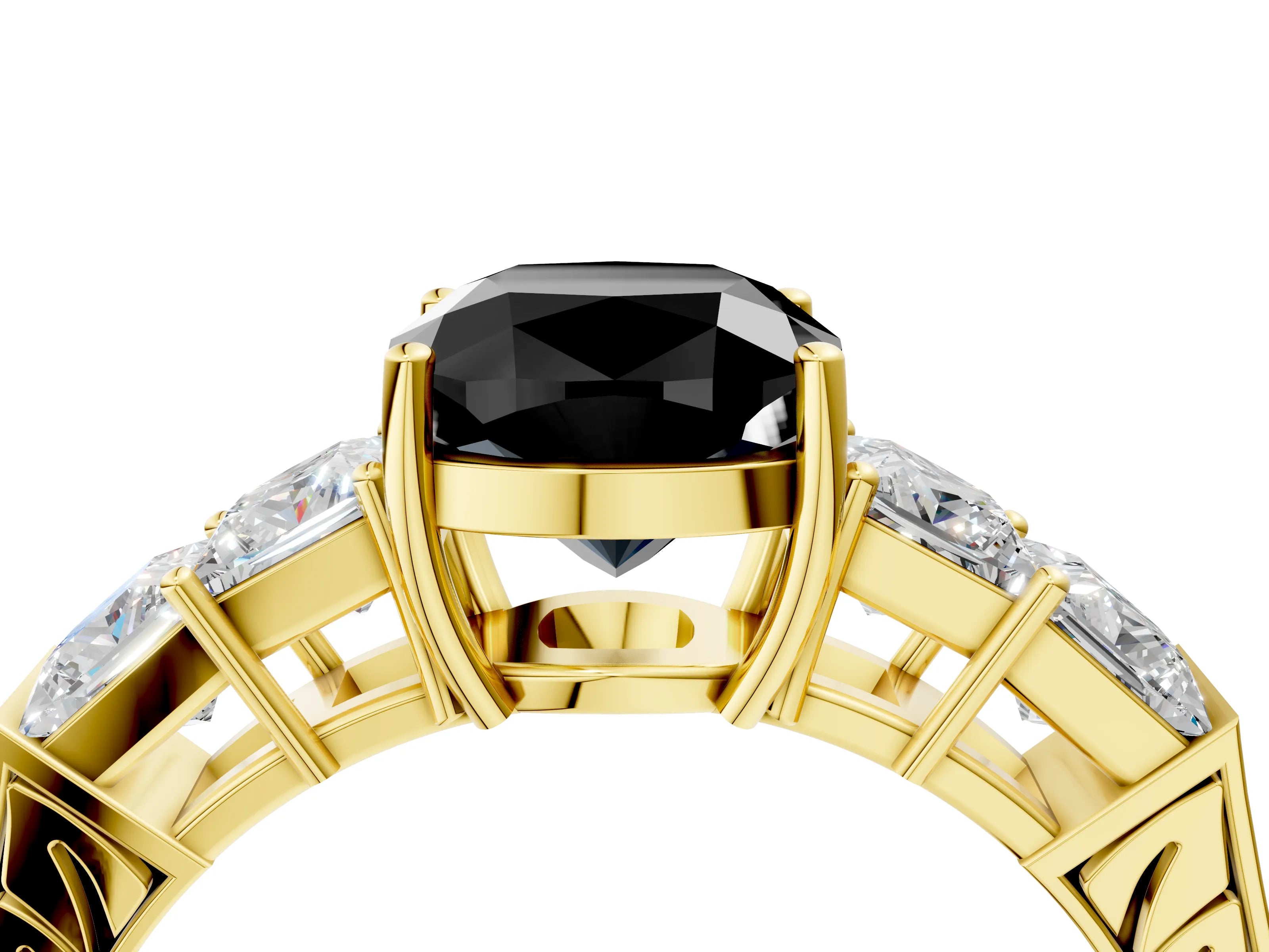 Yellow gold Fancy Black Cushion Cut Solitaire Princess Side Stone Engraved Band Prong Setting Ring_4