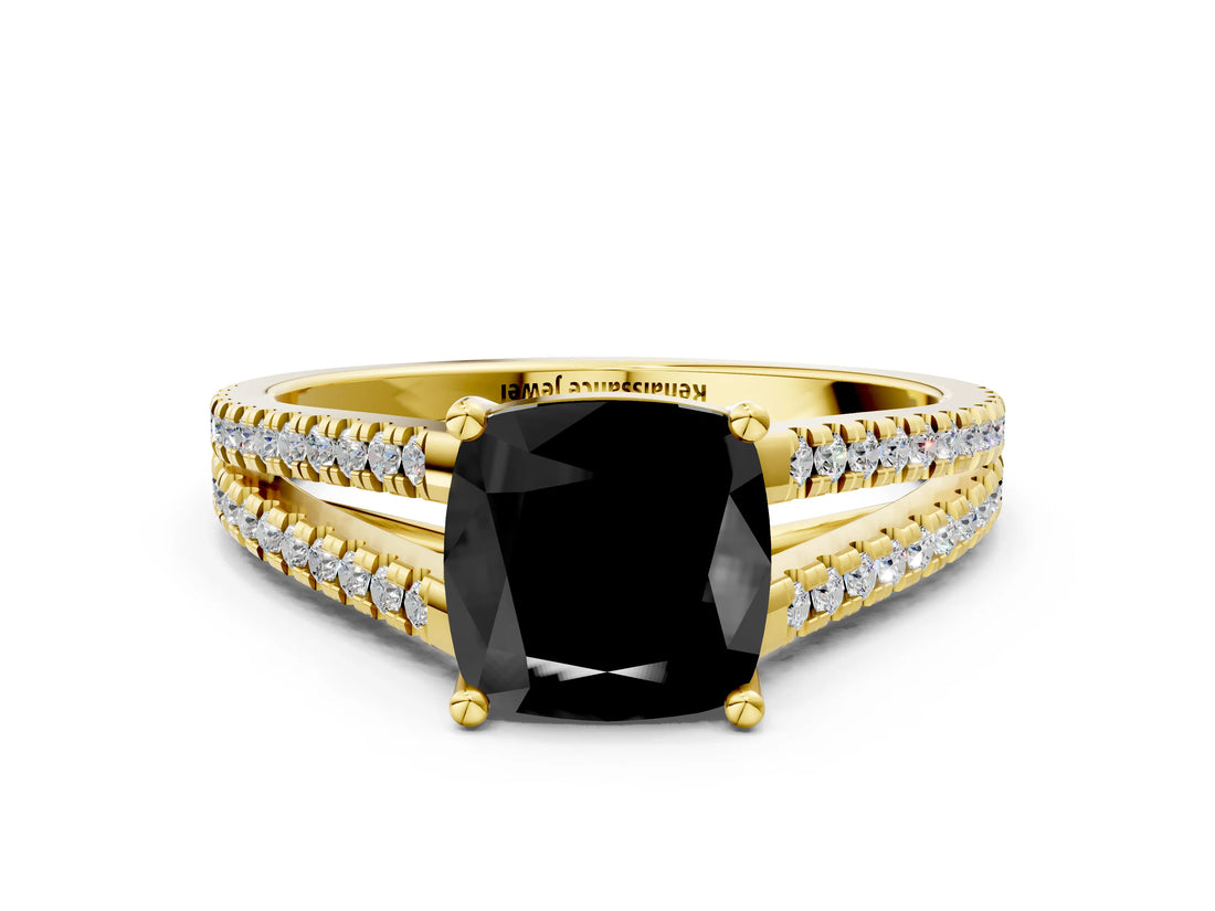 Yellow gold Fancy Black Cushion Cut Solitaire Split Shank Pavé Diamond Engagement Ring