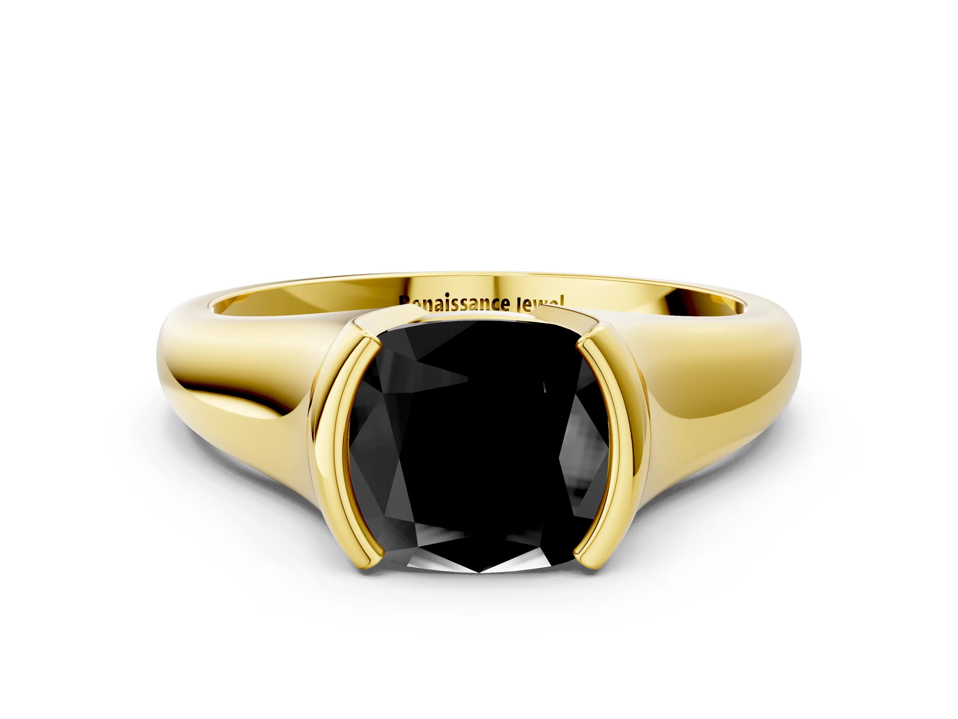Yellow gold Fancy Black Cushion Cut Solitaire Tension Set Diamond Ring with Split Shank Band