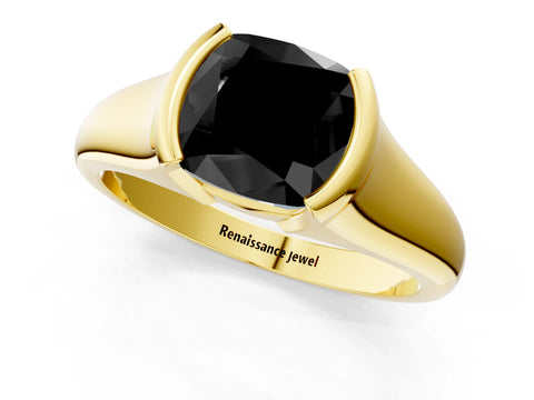 Yellow gold Fancy Black Cushion Cut Solitaire Tension Set Diamond Ring with Split Shank Band_1