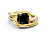 Yellow gold Fancy Black Cushion Cut Solitaire Tension-Set Diamond Split Shank Ring