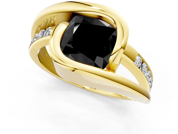 Yellow gold Fancy Black Cushion Cut Solitaire Tension-Set Diamond Split Shank Ring