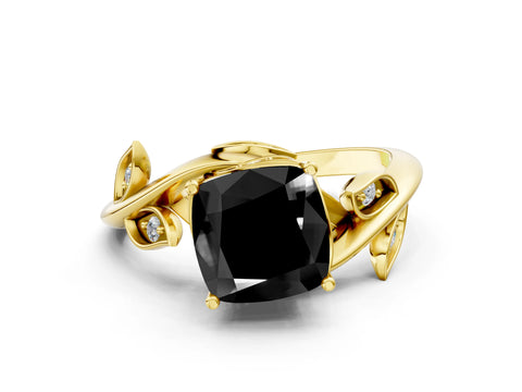Yellow gold Fancy Black Cushion Cut Solitaire Twist Engagement Ring with Leaf Accents and Prong Setting_13