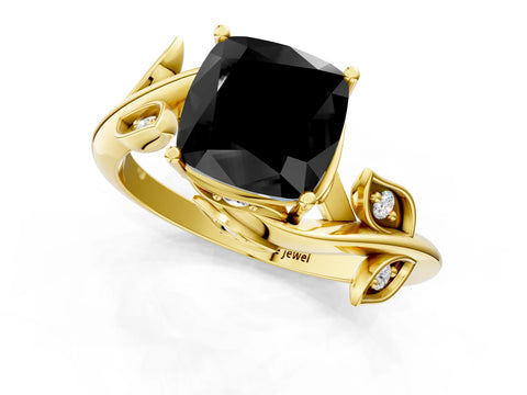 Yellow gold Fancy Black Cushion Cut Solitaire Twist Engagement Ring with Leaf Accents and Prong Setting_14