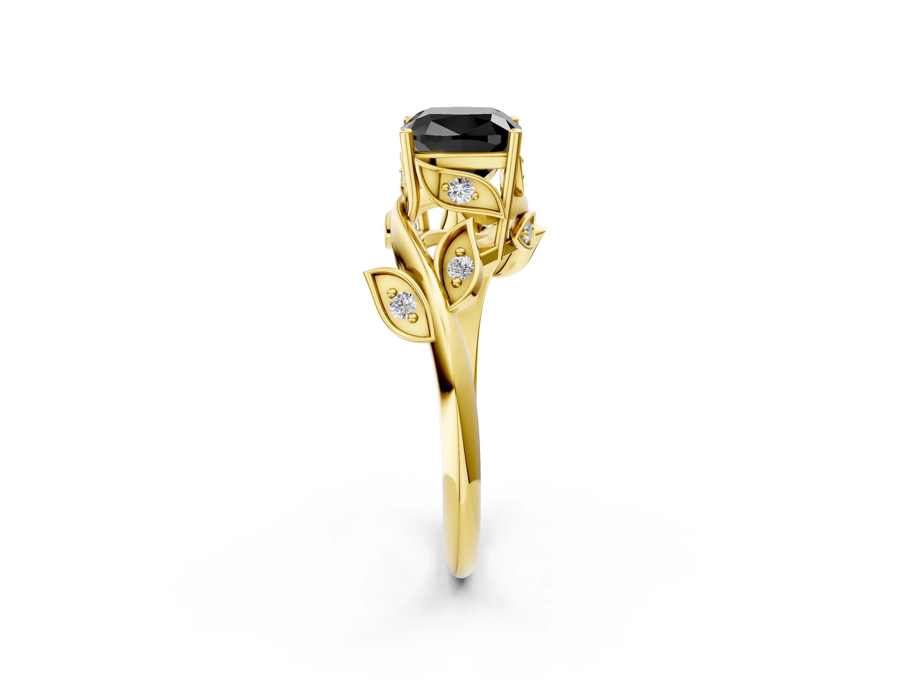 Yellow gold Fancy Black Cushion Cut Solitaire Twist Engagement Ring with Leaf Accents and Prong Setting_15